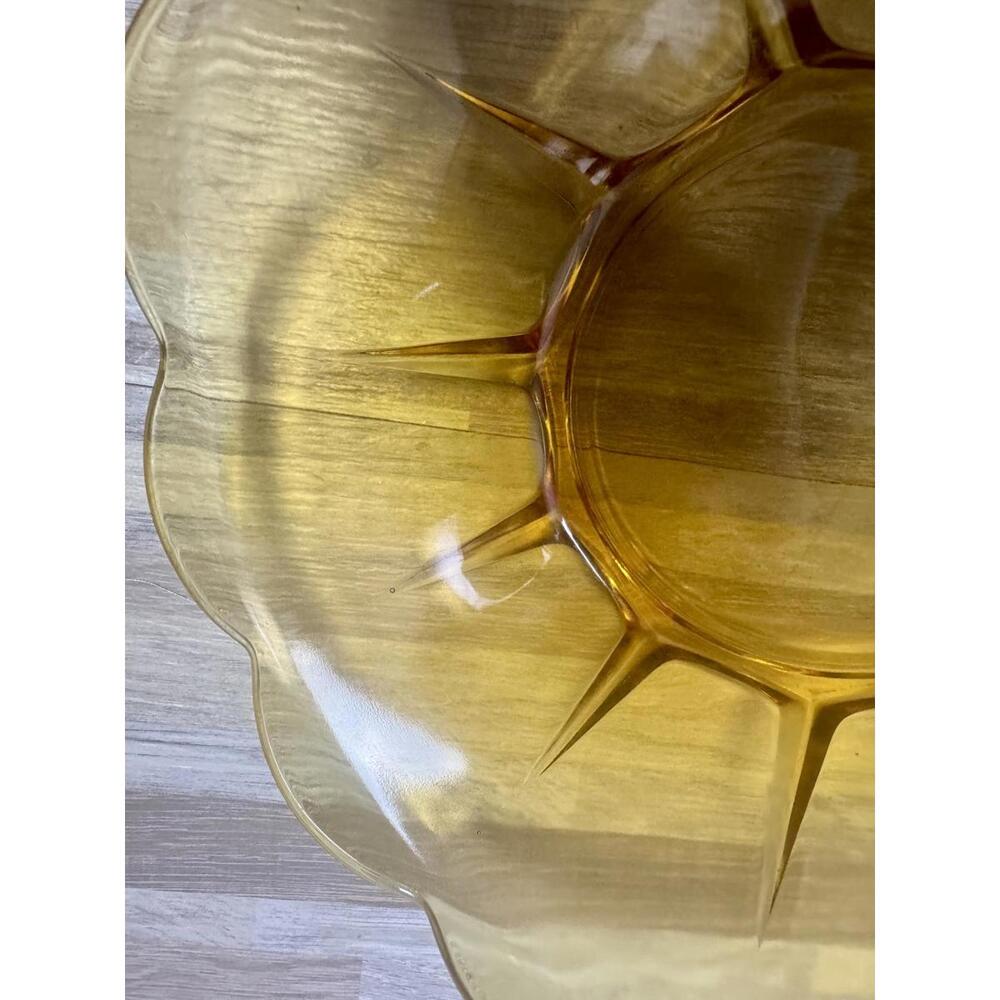Vintage Amber Glass Scalloped Bowl Mid Century Starburst Dish Retro Golden Decor